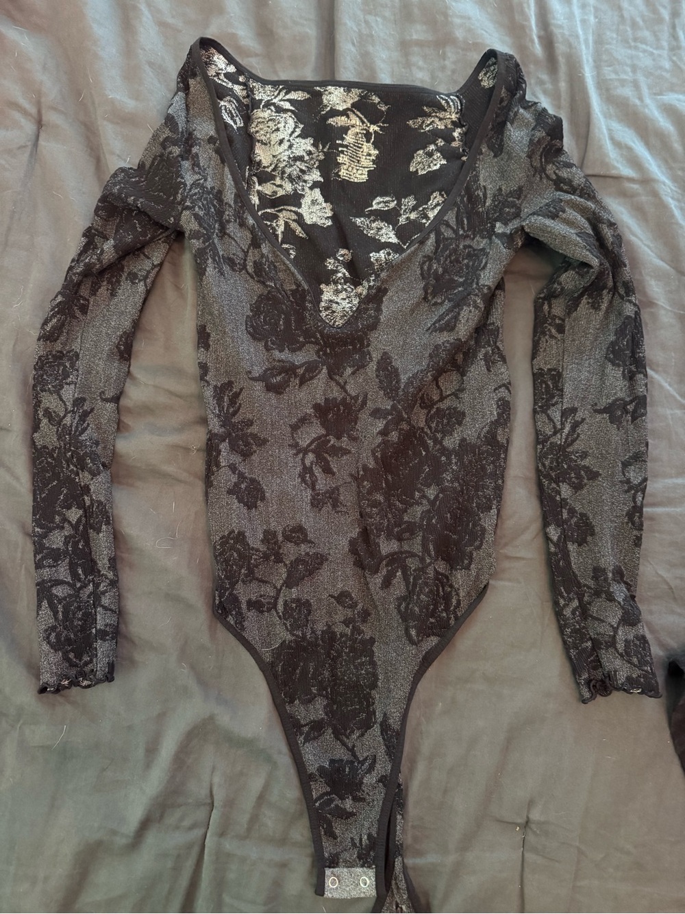 Free People Metallic Sheer Floral Lace Bodysuit - Black/Silver